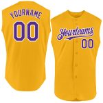 Personalized Gold Purple White Baseball Jersey - Authentic Sleeveless Design Personalized Gold Purple-White Authentic Sleeveless