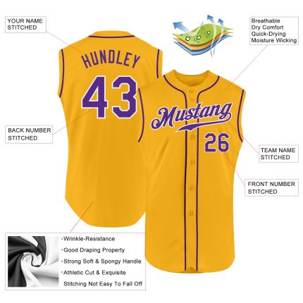 Custom Name Number Baseball Jersey - Authentic Sleeveless - Personalized Gold Purple White Team Design Personalized Gold