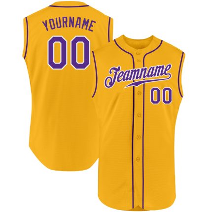 Custom Name Number Baseball Jersey - Authentic Sleeveless - Personalized Gold Purple White Team Design Personalized Gold