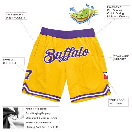 Personalized Gold Purple White Basketball Shorts - Authentic Throwback Style Personalized Gold Purple-White Authentic Throwback