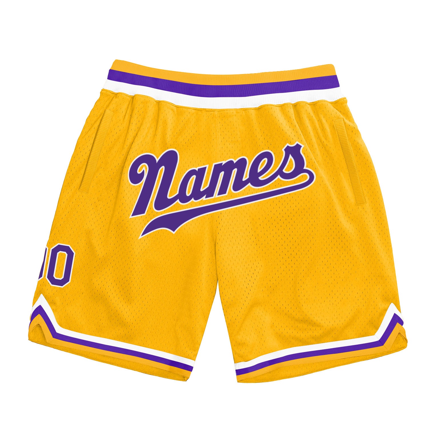 Custom Name and Number Personalized Authentic Throwback Basketball Shorts in Gold Purple White Personalized Gold Purple-White
