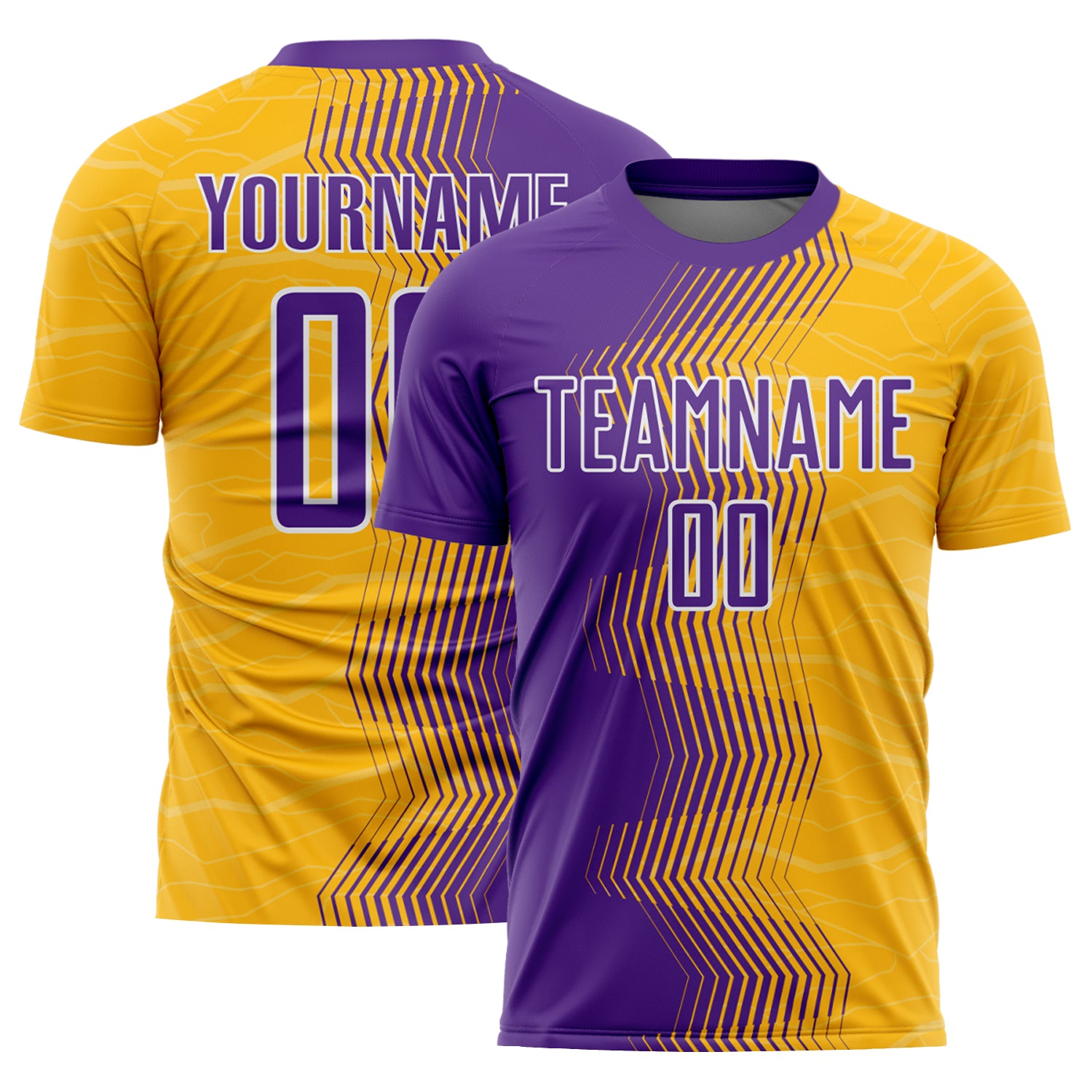 Custom Soccer Jersey with Gradient Arrow Design - Personalized Gold, Purple & White - Team Name and Number Personalized Gold