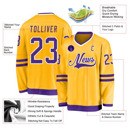Custom Gold Hockey Jersey with Purple and White Design - Personalized Sports Apparel Personalized Gold Purple-White Hockey