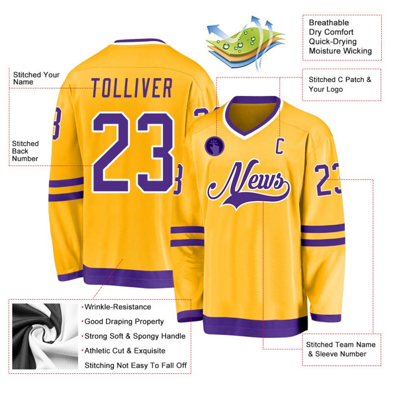 Custom Gold Hockey Jersey with Purple and White Design - Personalized Sports Apparel Personalized Gold Purple-White Hockey