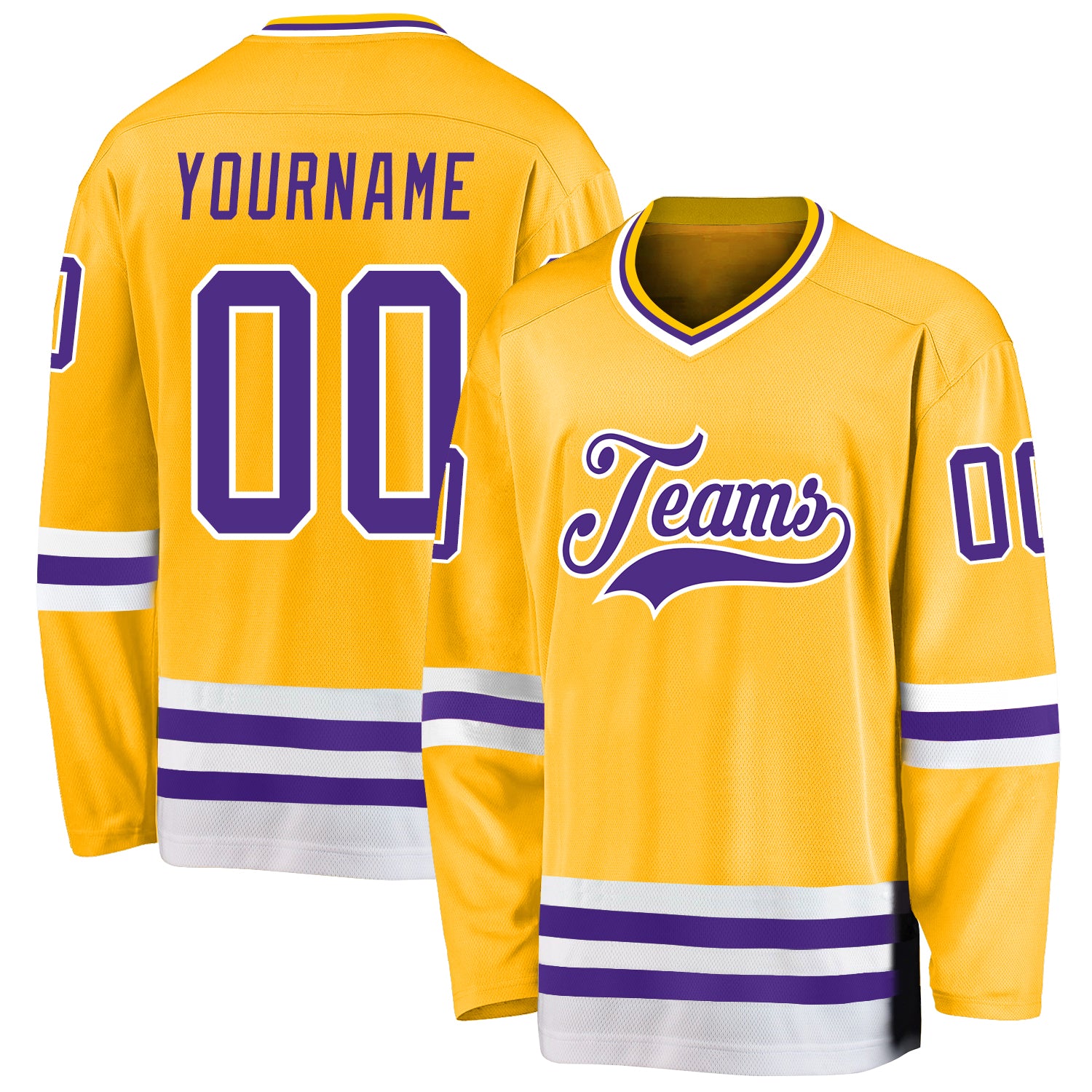 Custom Team Name and Number Personalized Gold Purple-White Hockey Jersey Personalized Gold Purple-White Hockey Jersey Team