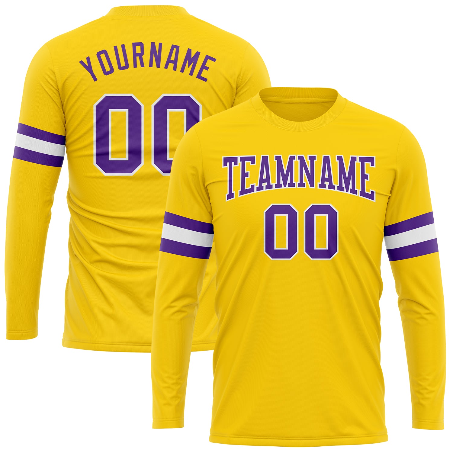 Custom Name and Number Long Sleeve Performance T-Shirt - Personalized Gold Purple-White Design Personalized Gold Purple-White