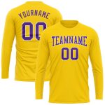 Custom Name and Number Long Sleeve Performance T-Shirt - Personalized Gold Purple-White Design Personalized Gold Purple-White