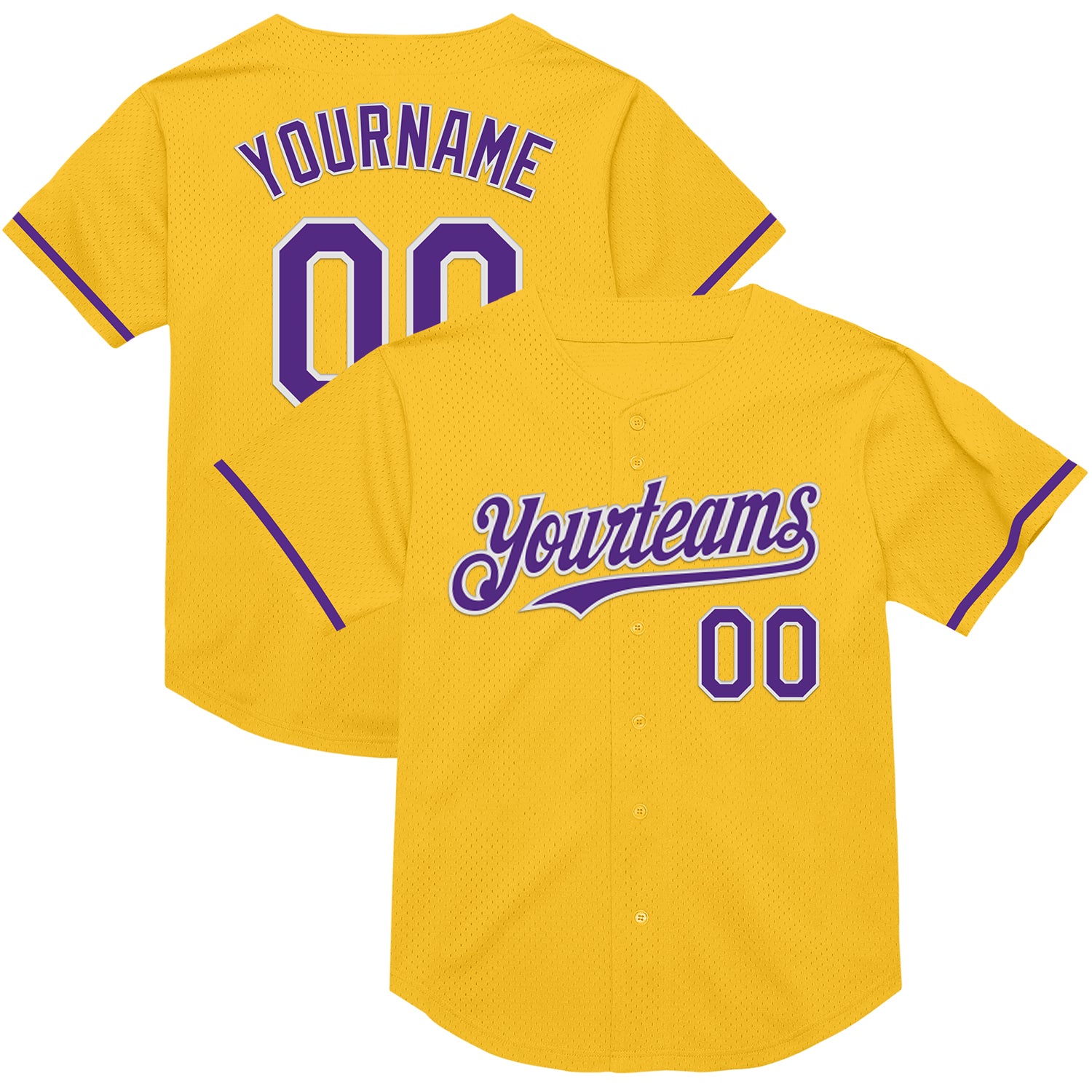 Personalized Gold Purple White Baseball Jersey - Authentic Throwback Mesh Design Personalized Gold Purple-White Mesh Authentic