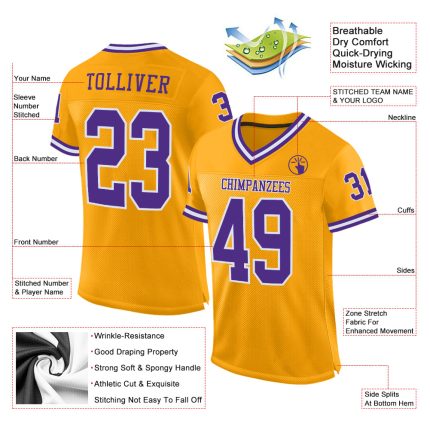 Custom Name Number Authentic Throwback Football Jersey - Personalized Gold Purple White Mesh Team Apparel Personalized Gold