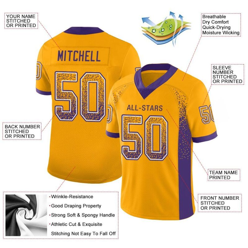 Custom Gold Purple-White Mesh Drift Football Jersey with Personalized Name & Number Personalized Gold Purple-White Mesh Drift