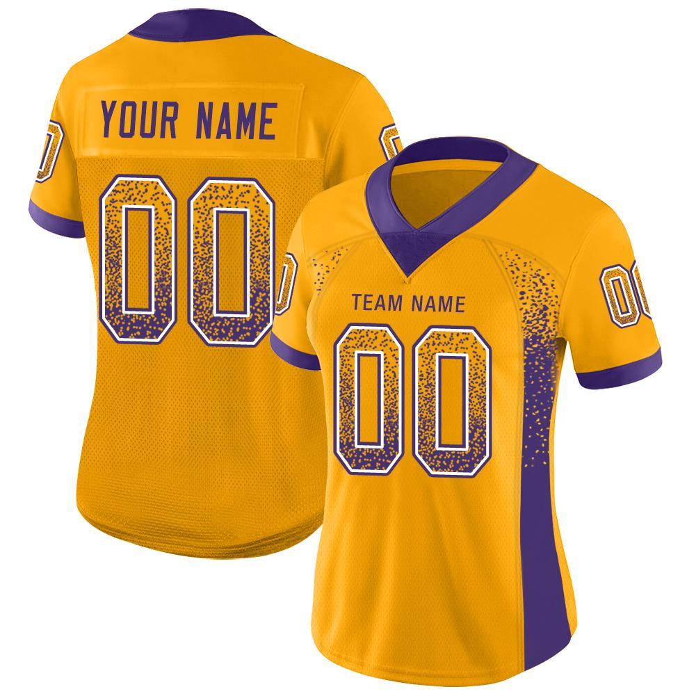 Custom Gold Purple-White Mesh Drift Football Jersey with Personalized Name & Number Personalized Gold Purple-White Mesh Drift