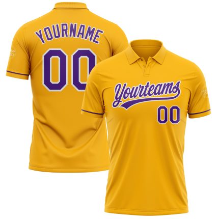 Custom Team Name Number Gold Purple-White Vapor Golf Polo Shirt Performance Personalized Gold Purple-White Performance Vapor