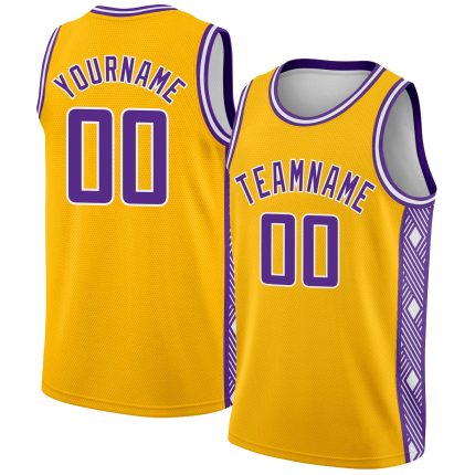 Custom Name and Number Personalized Gold Purple White Abstract Lines Basketball Jersey - Authentic City Edition Personalized