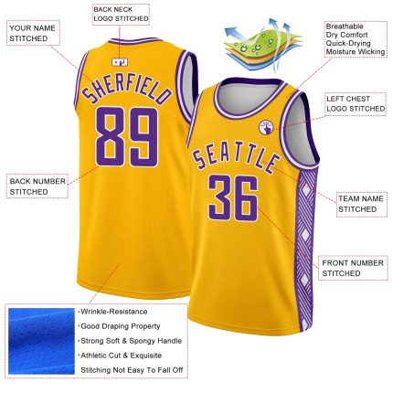 Custom Name and Number Personalized Gold Purple White Abstract Lines Basketball Jersey - Authentic City Edition Personalized