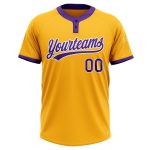 Custom Name and Number Unisex Softball Jersey - Personalized Gold Purple-White Two-Button Design Personalized Gold Purple-White