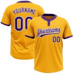 Custom Name and Number Unisex Softball Jersey - Personalized Gold Purple-White Two-Button Design Personalized Gold Purple-White