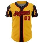 Custom Name and Number Authentic Baseball Jersey in Gold Red-Black - Personalized 3 Colors Arm Shapes Personalized Gold Red-Black