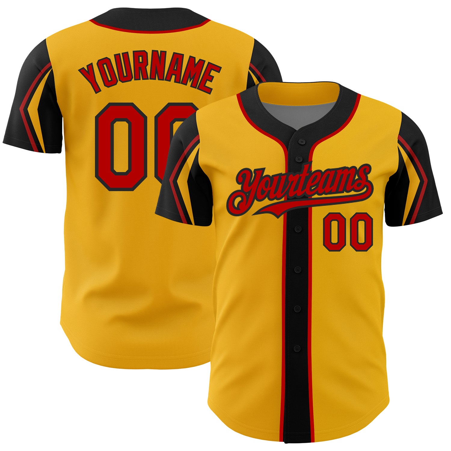 Custom Name and Number Authentic Baseball Jersey in Gold Red-Black - Personalized 3 Colors Arm Shapes Personalized Gold Red-Black