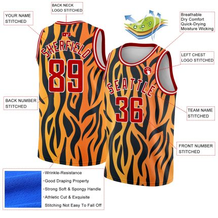 Custom Team Basketball Jersey with 3D Tiger Print Design, Personalized Name and Number, Gold Red-Black Color Personalized