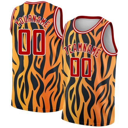 Custom Team Basketball Jersey with 3D Tiger Print Design, Personalized Name and Number, Gold Red-Black Color Personalized