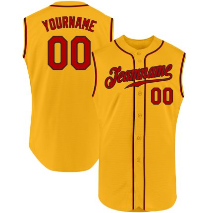 Custom Name & Number Personalized Baseball Jersey - Authentic Gold Red-Black Sleeveless Personalized Gold Red-Black Authentic
