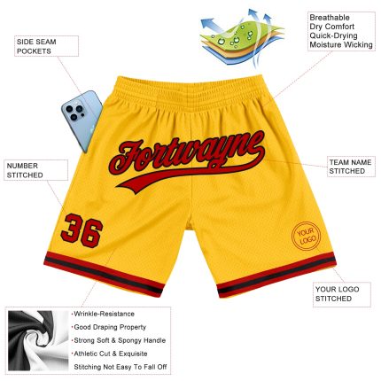 Custom Name Number Basketball Shorts - Personalized Gold Red-Black Authentic Throwback Design Personalized Gold Red-Black