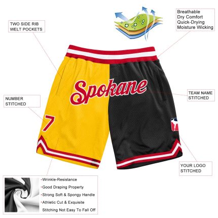 Custom Name Number Personalized Gold Red Black Basketball Shorts Authentic Throwback Fashion Team Apparel Personalized Gold