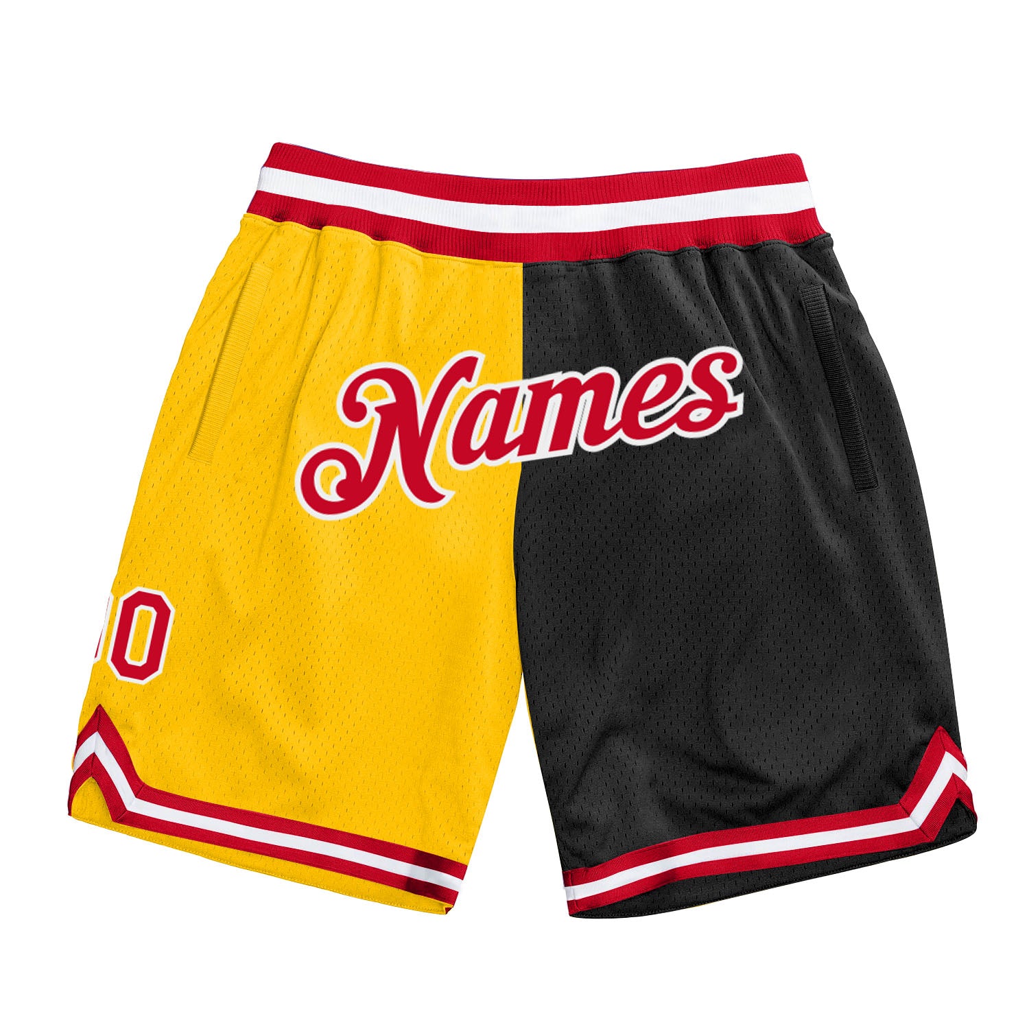 Custom Name Number Personalized Gold Red Black Basketball Shorts Authentic Throwback Fashion Team Apparel Personalized Gold
