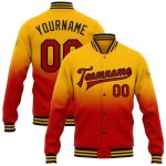 Personalized Red-Black Gold Bomber Varsity Jacket, Full-Snap Fade Fashion Design Personalized Gold Red-Black Bomber Full-Snap