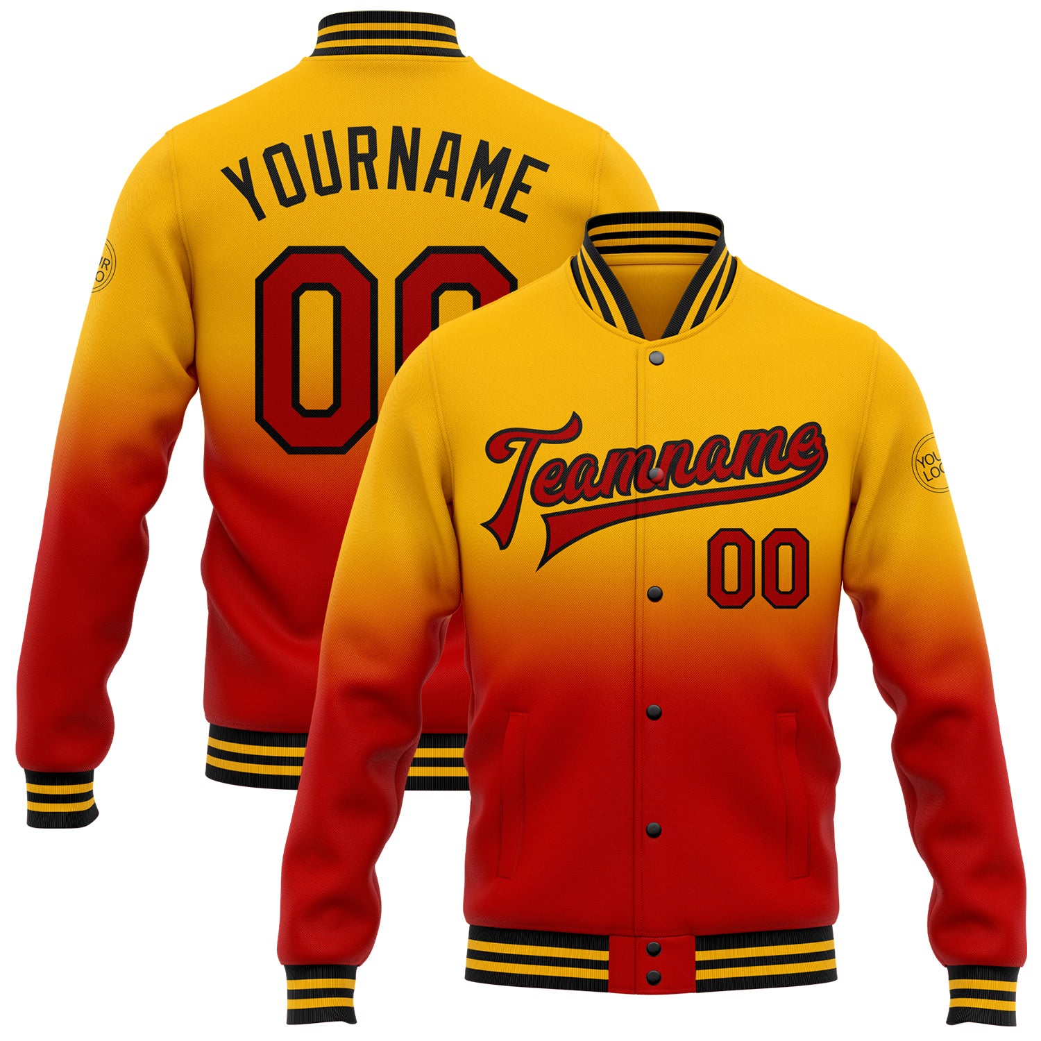 Personalized Red-Black Gold Bomber Varsity Jacket, Full-Snap Fade Fashion Design Personalized Gold Red-Black Bomber Full-Snap