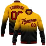 Custom Name & Number Varsity Letterman Fade Fashion Jacket - Personalized Gold Red-Black Bomber Full-Snap Jacket Personalized