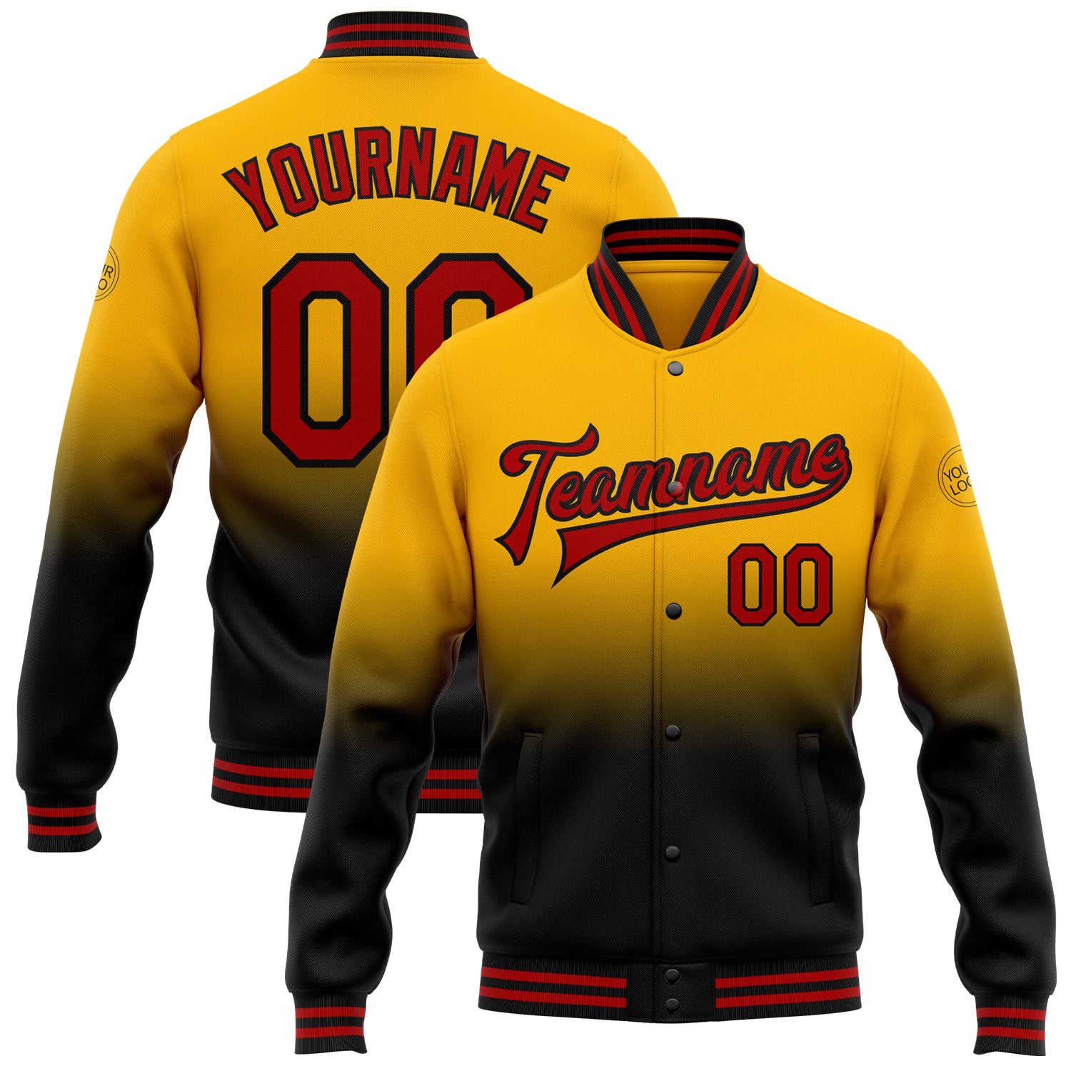 Custom Name & Number Varsity Letterman Fade Fashion Jacket - Personalized Gold Red-Black Bomber Full-Snap Jacket Personalized