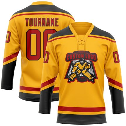 Custom Name Number Jersey - Personalized Red Black Gold Hockey Lace Neck Team Jersey Personalized Gold Red-Black Hockey Lace