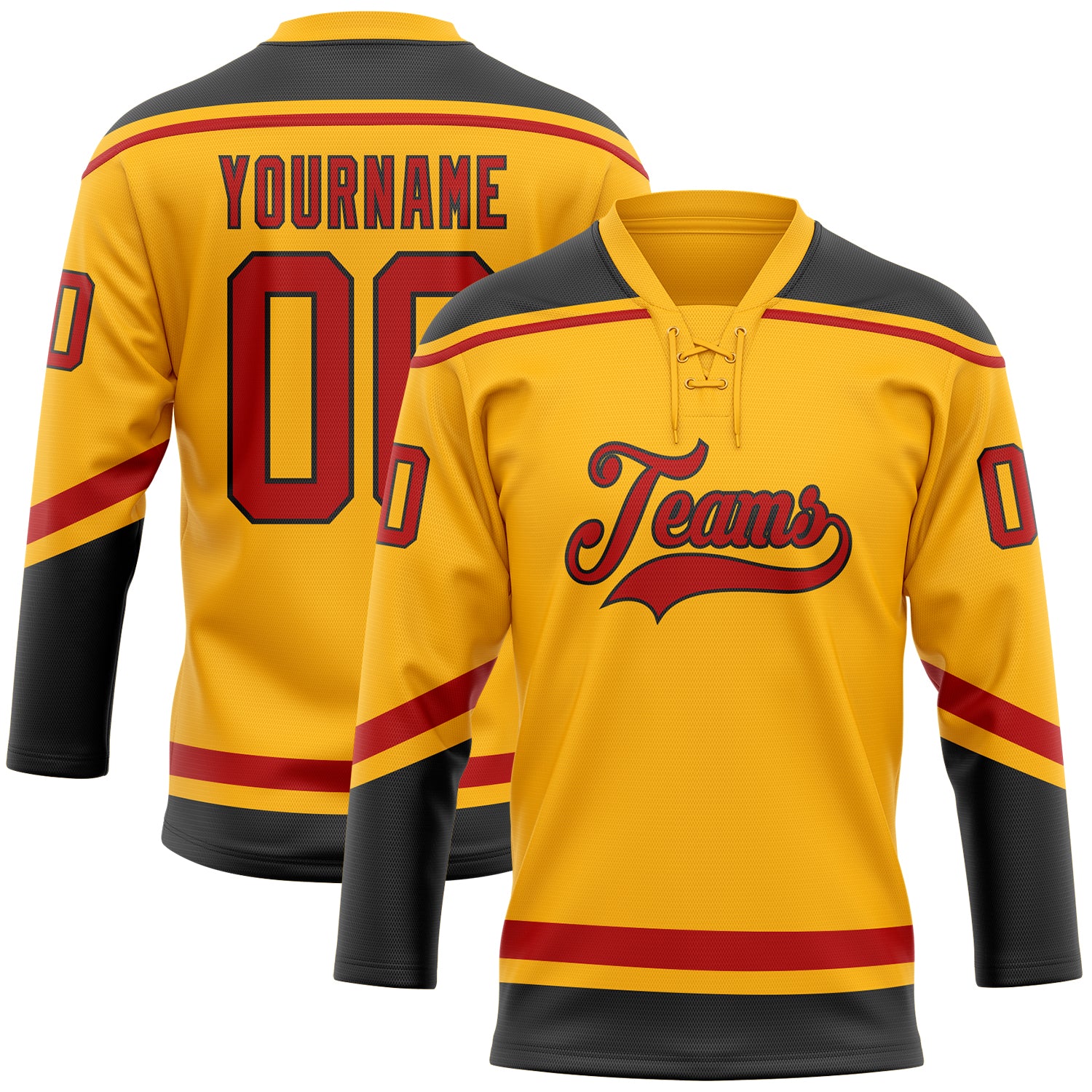 Custom Name Number Jersey - Personalized Red Black Gold Hockey Lace Neck Team Jersey Personalized Gold Red-Black Hockey Lace