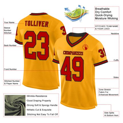 Custom Name Number Gold Red Black Mesh Football Jersey - Personalized Authentic Throwback Design Personalized Gold Red-Black