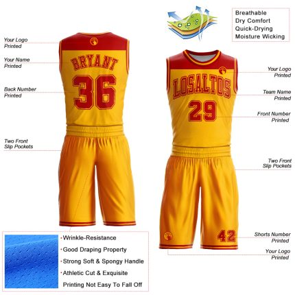 Personalized Gold and Red Basketball Jersey Suit, Round Neck Sublimation Design Personalized Gold Red Color Block Round Neck