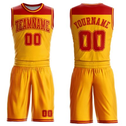Personalized Gold and Red Basketball Jersey Suit, Round Neck Sublimation Design Personalized Gold Red Color Block Round Neck