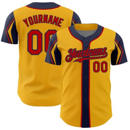 Custom Name and Number Baseball Jersey - Personalized Gold Red-Navy 3 Colors - Authentic Team Arm Shapes Personalized Gold