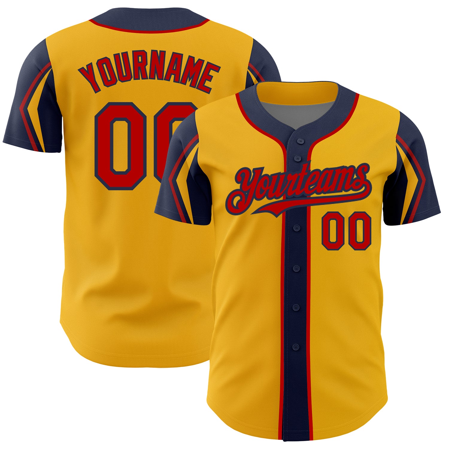 Custom Name and Number Baseball Jersey - Personalized Gold Red-Navy 3 Colors - Authentic Team Arm Shapes Personalized Gold