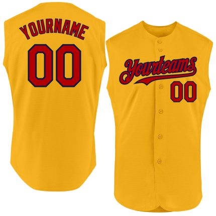 Custom Name & Number Personalized Gold Red-Navy Sleeveless Baseball Jersey - Authentic Team Apparel Personalized Gold Red-Navy