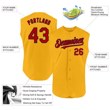 Custom Name & Number Personalized Gold Red-Navy Sleeveless Baseball Jersey - Authentic Team Apparel Personalized Gold Red-Navy