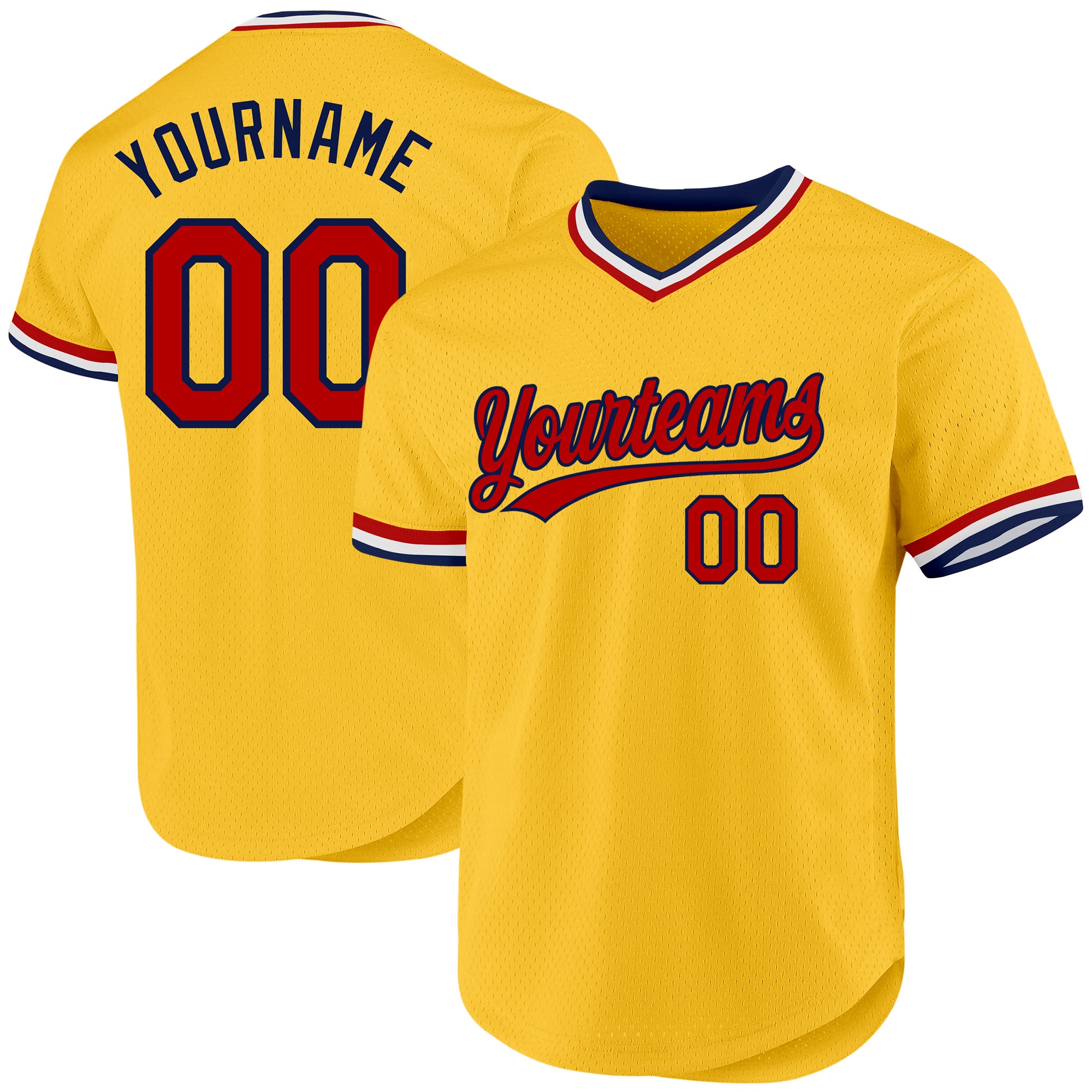 Custom Personalized Gold Red-Navy Baseball Jersey with Name and Number - Authentic Throwback Style Personalized Gold Red-Navy