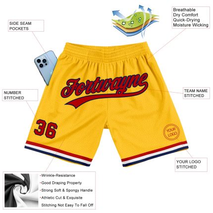 Custom Name Number Personalized Red-Navy Gold Basketball Shorts - Authentic Throwback Team Gear Personalized Gold Red-Navy