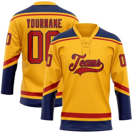 Custom Team Jersey with Personalized Name and Number in Gold, Red, Navy Hockey Lace Design Personalized Gold Red-Navy Hockey