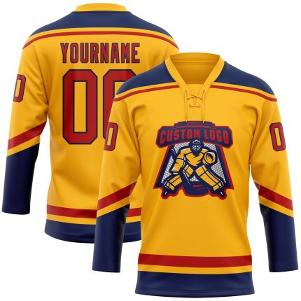 Custom Team Jersey with Personalized Name and Number in Gold, Red, Navy Hockey Lace Design Personalized Gold Red-Navy Hockey