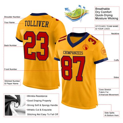 Custom Personalized Gold Red-Navy Football Jersey with Name and Number - Authentic Team Gear Personalized Gold Red-Navy Mesh