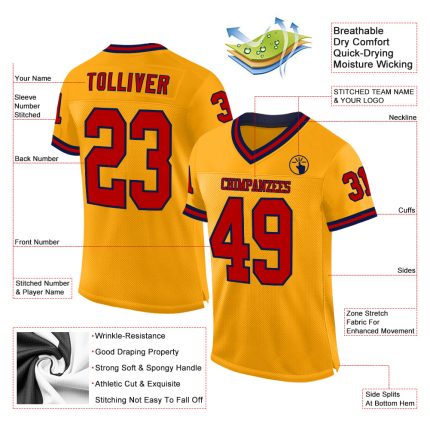 Custom Authentic Throwback Football Jersey Personalized Gold Red-Navy - Team Name and Number Personalized Gold Red-Navy Mesh