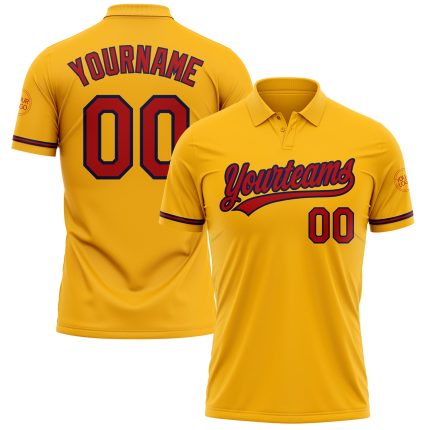 Custom Personalized Gold Red-Navy Golf Polo Shirt with Team Name and Number - Performance Vapor Series Personalized Gold