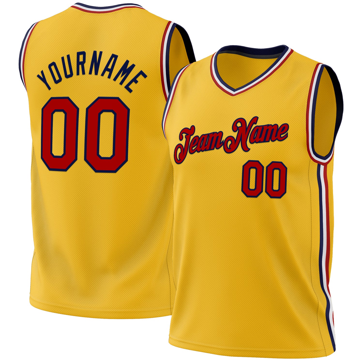 Custom Personalized Authentic Basketball Jersey with Gold Red Navy-White Colors, Team Name and Number Personalized Gold Red