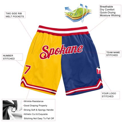 Custom Name Number Basketball Shorts - Personalized Red Gold Royal Authentic Throwback Split Fashion Personalized Gold Red-Royal